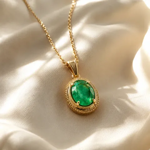 Gold pendant necklace with a green gemstone on ivory silk