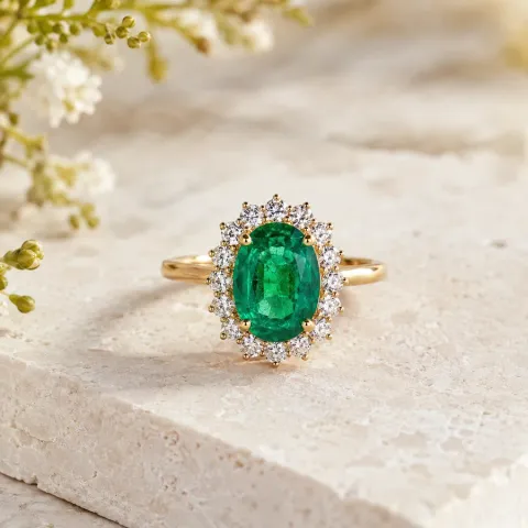 Emerald halo ring photographed on pale stone