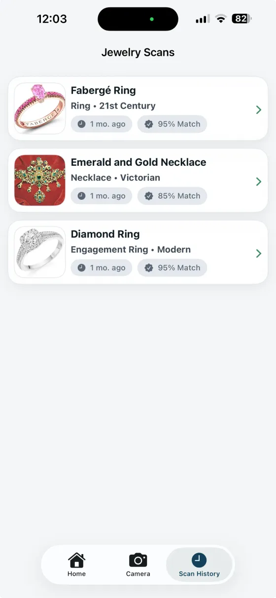 GemPeek scan history listing saved jewelry scans
