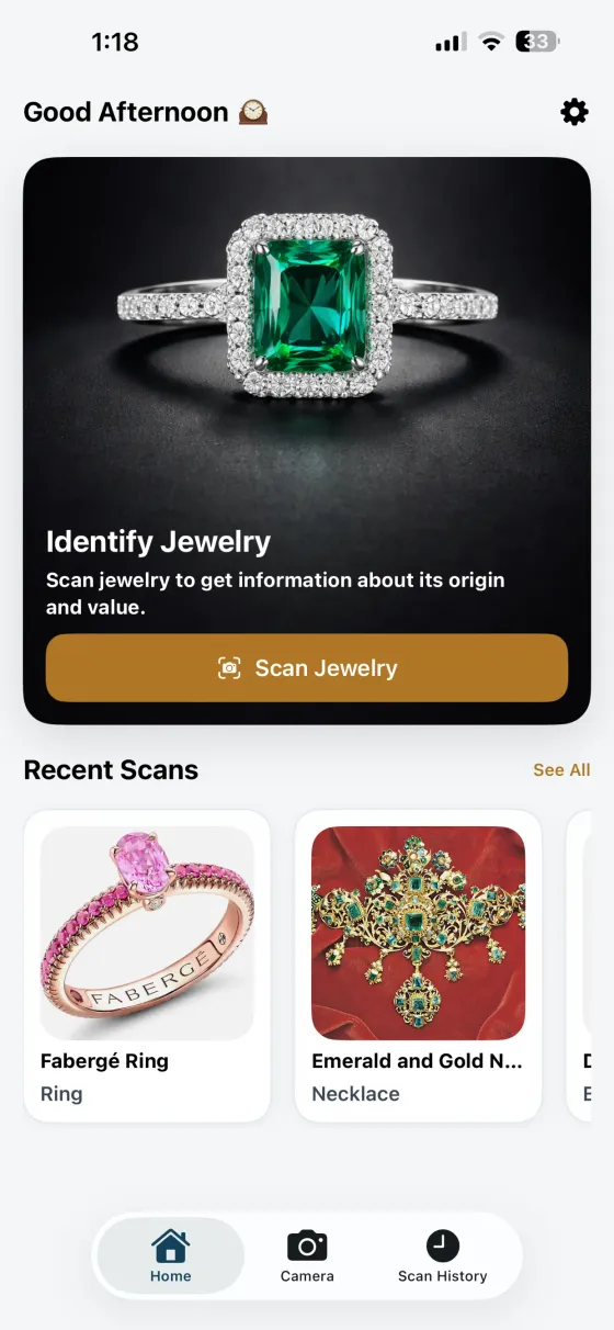 GemPeek home screen with a jewelry scan card and recent jewelry results