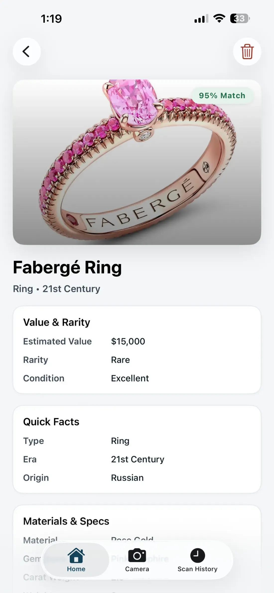 GemPeek result screen identifying a pink gemstone ring with value and rarity details