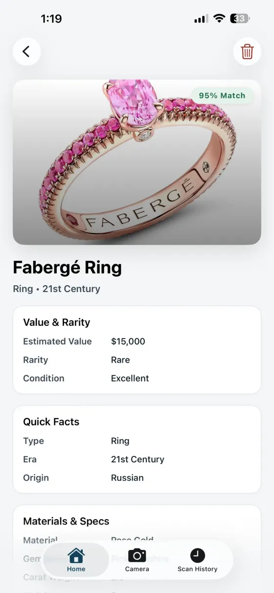GemPeek result screen for a gemstone ring with match confidence and value details