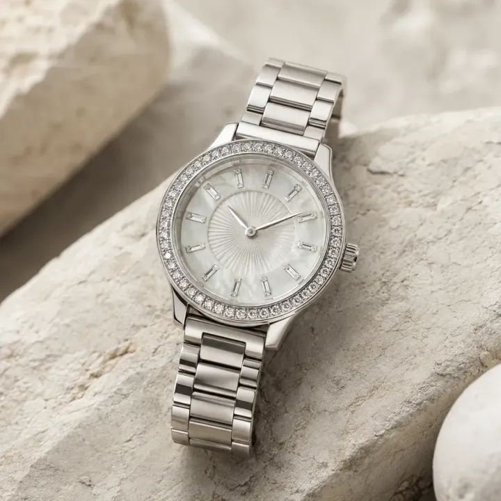 Stone-set silver jewelry watch on neutral stone
