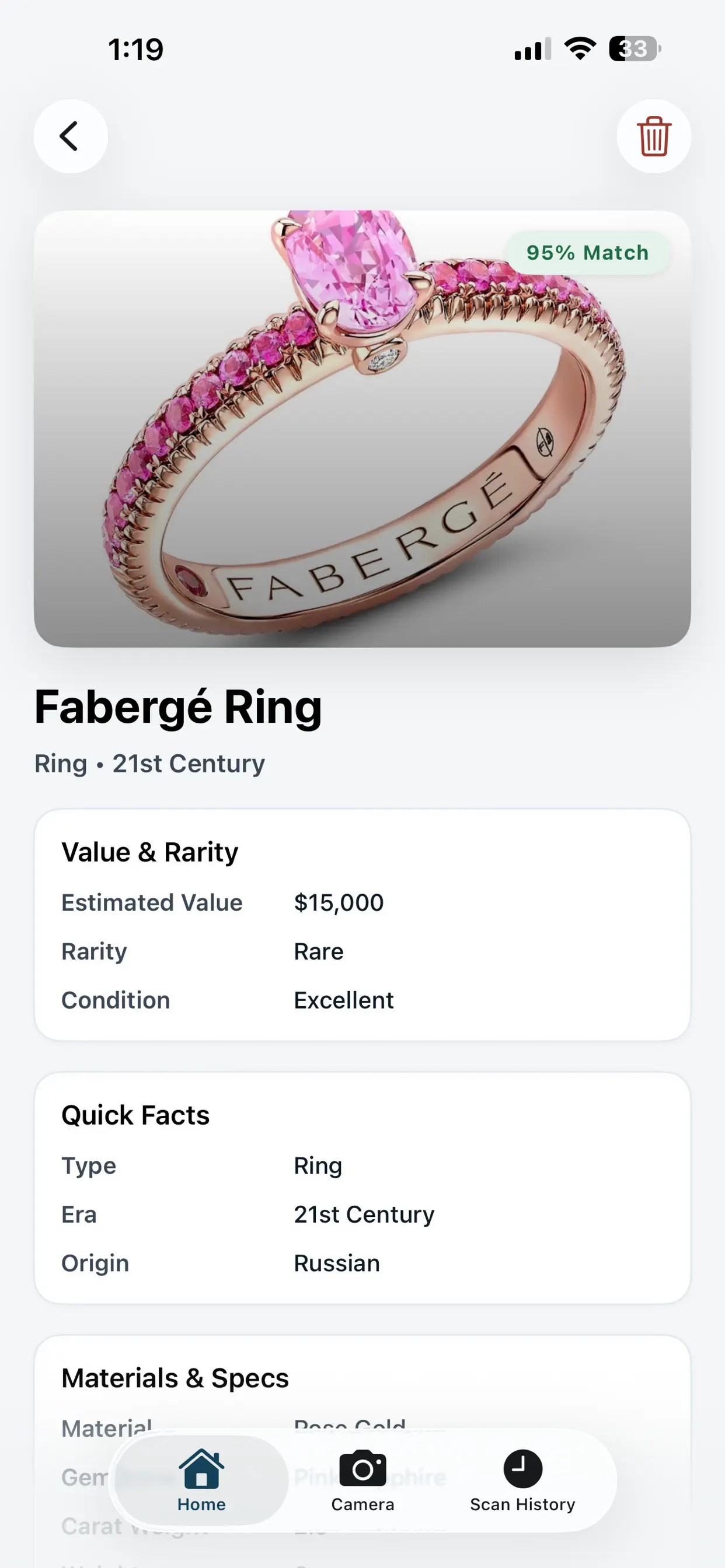 GemPeek result screen showing jewelry value and quick facts