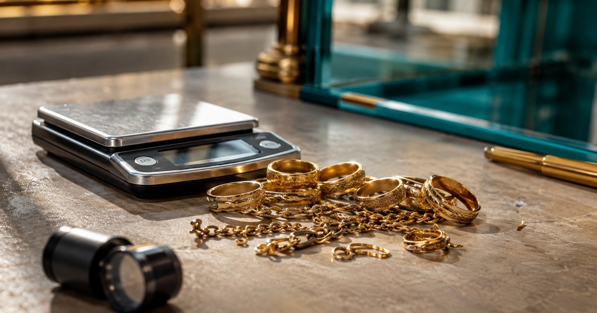 Several gold rings and a broken gold chain beside a small digital jeweler's scale on an appraisal counter