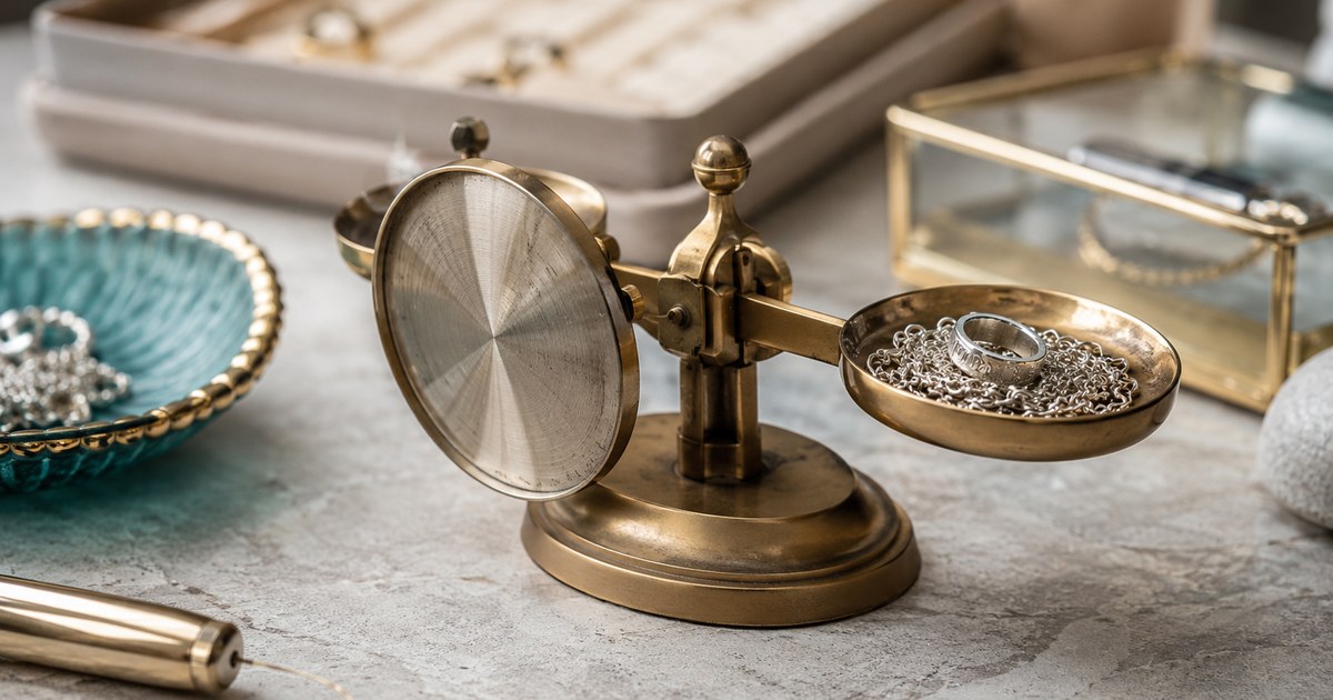 A coil of sterling silver chain and a silver ring being weighed on a small jeweler's balance scale