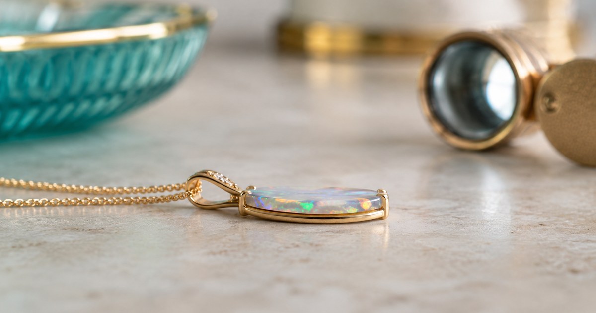 An opal pendant viewed edge-on, showing its thin banded cross-section and flashes of play-of-color